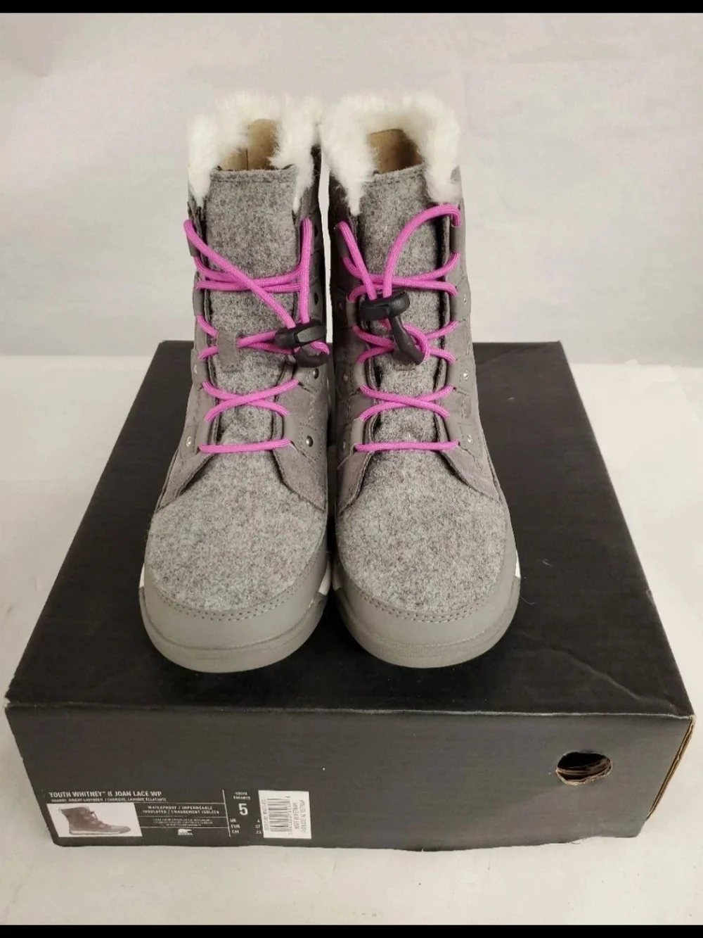 Sorel Youth Whitney II Joan Lace WP Waterproof Boots Grey Pink Size 5